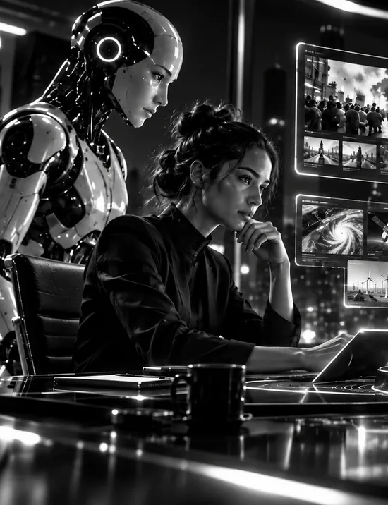 Profissional e assistente de IA analisando notícias em telas